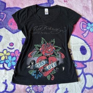 Ed Hardy Black Tee with Red and Blue Graphic